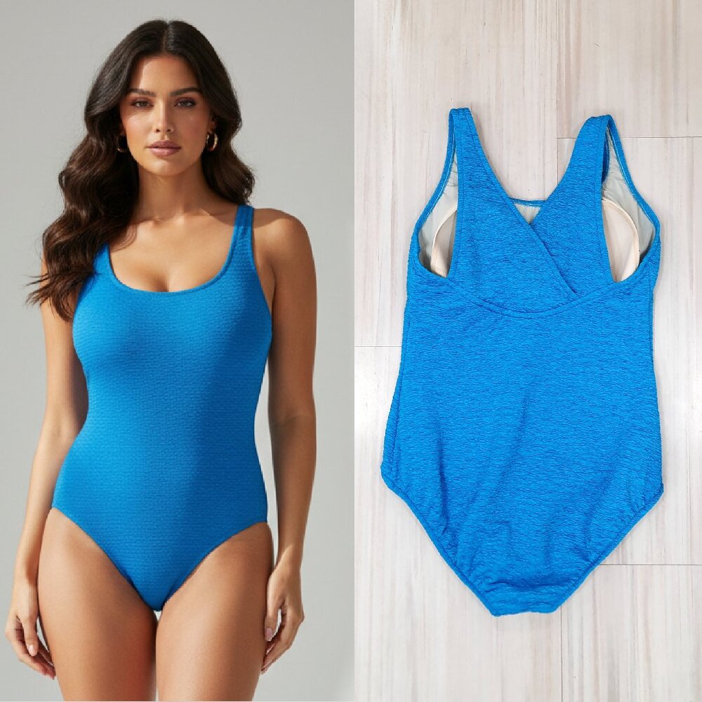 Vtg 80s bright blue textured one piece bathing suit